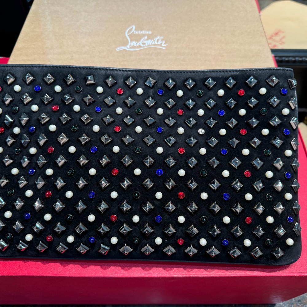 Handbags Christian Louboutin Black Suede Loubiposh Spiked Tudor Clutch Bag - Picture 2 of 9